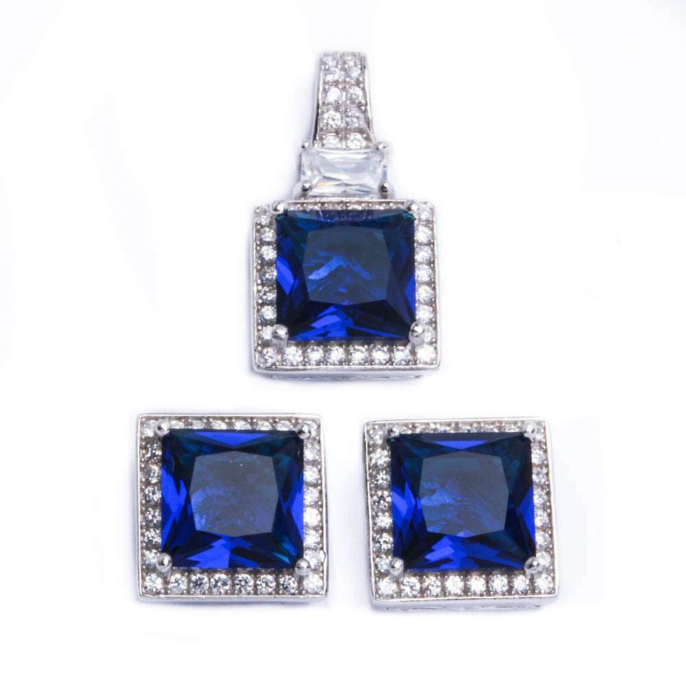 Halo Matching Set Halo Pendant Halo Stud Earrings Matching Set 9TCW Princess Cut Square Deep Blue Sapphire Round Clear CZ Sterling Silver - Blue Apple Jewelry