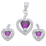 Halo Pendant Halo Stud Earrings Matching Set Heart Shape Purple Amethyst CZ 925 Sterling Silver