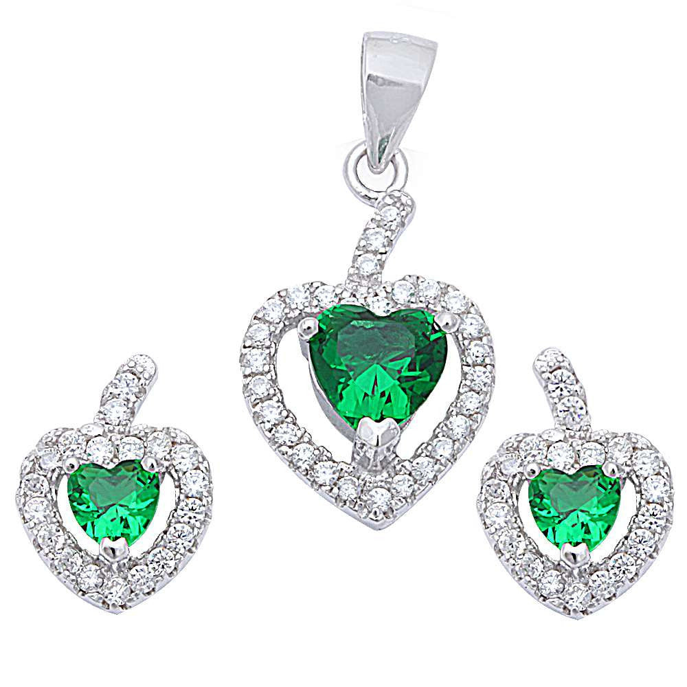 Halo Matching Set Halo Pendant Halo Stud Earrings Matching Set Heart Emerald Green Round Clear CZ Sterling Silver March Birthstone - Blue Apple Jewelry
