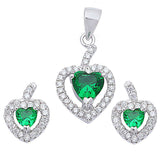 Halo Pendant Halo Stud Earrings Matching Set Heart Simulated Emerald Green CZ Sterling Silver