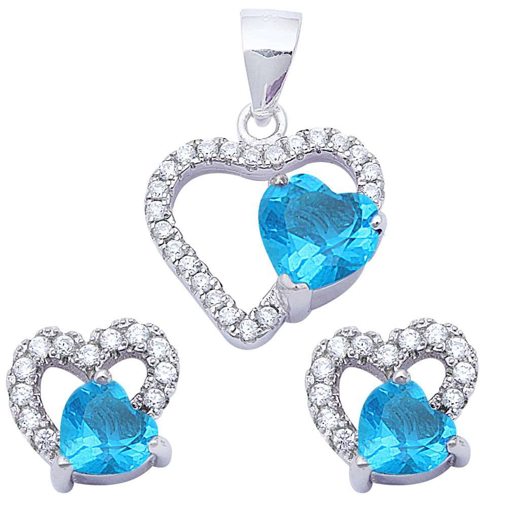 Halo Matching Set Halo Pendant Halo Stud Earring Matching Set Heart White CZ Swiss Topaz Blue Zircon Round Clear CZ 925 Sterling Silver Gift - Blue Apple Jewelry