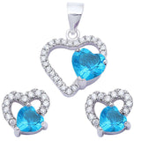 Halo Pendant Halo Stud Earring Matching Set Heart Simulated Blue Topaz CZ 925 Sterling Silver