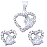 Halo Pendant Halo Stud Earring Matching Set Heart Simulated CZ Round Clear CZ 925 Sterling Silver