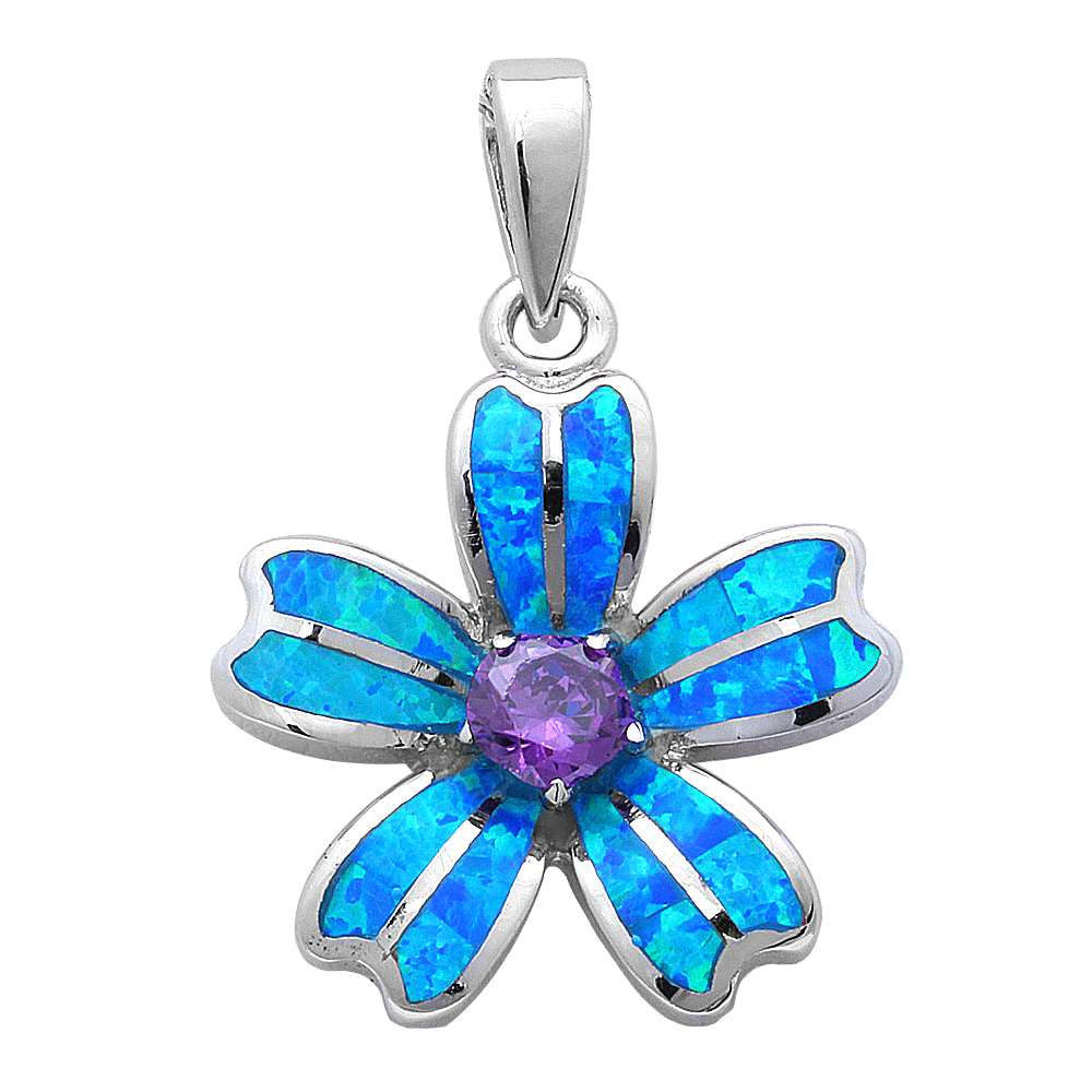 Flower Pendant Flower Charm Lab Blue Opal Flower Solid 925 Sterling Silver - Blue Apple Jewelry