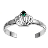 Silver Toe Ring Crown Design  in Solid 925 Sterling Round Emerald CZ Plain Toe Ring - Blue Apple Jewelry