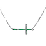 Sideways Cross 18" Necklace Solid 925 Sterling Silver Round Emerald Green May Stone 16"+2" Extension - Blue Apple Jewelry
