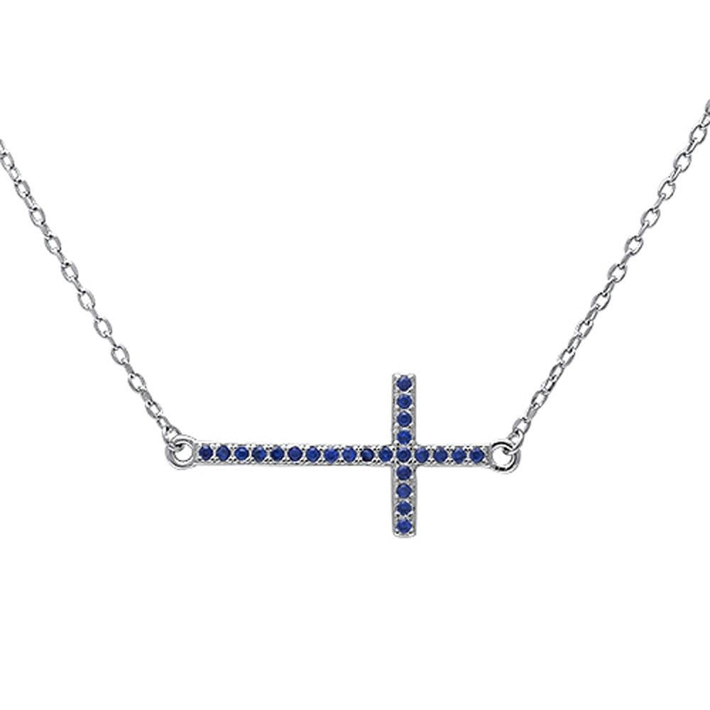 Sideways Cross 18" Necklace Solid 925 Sterling Silver Round Deep Blue Sapphire September Stone 16"+2" Extension - Blue Apple Jewelry