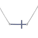 Sideways Cross 18" Necklace Solid 925 Sterling Silver Round Deep Blue Sapphire September Stone 16"+2" Extension - Blue Apple Jewelry