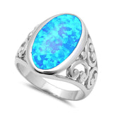 Oval Created Opal Solitaire Cocktail Ring 925 Sterling Silver Filigree Accent Choose Color - Blue Apple Jewelry
